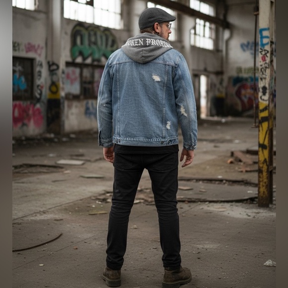 Broken Promises Men’s Distressed Jean Jacket With Gray Hood
